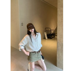 クミクミのデザイン薄いポロトーラー女性のための長袖のシャツ夏レトロシックなカジュアルルーズシャツ